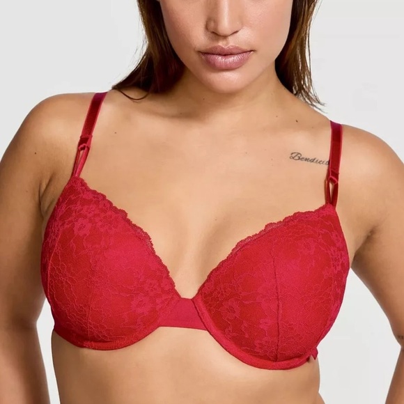Victoria's Secret Women's Red Lace Push Up Bra Size 32DD Sexy - Picture 1 of 9